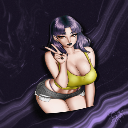 Goth Misato Katsuragi vinyl sticker shown on a dark purple smoke background