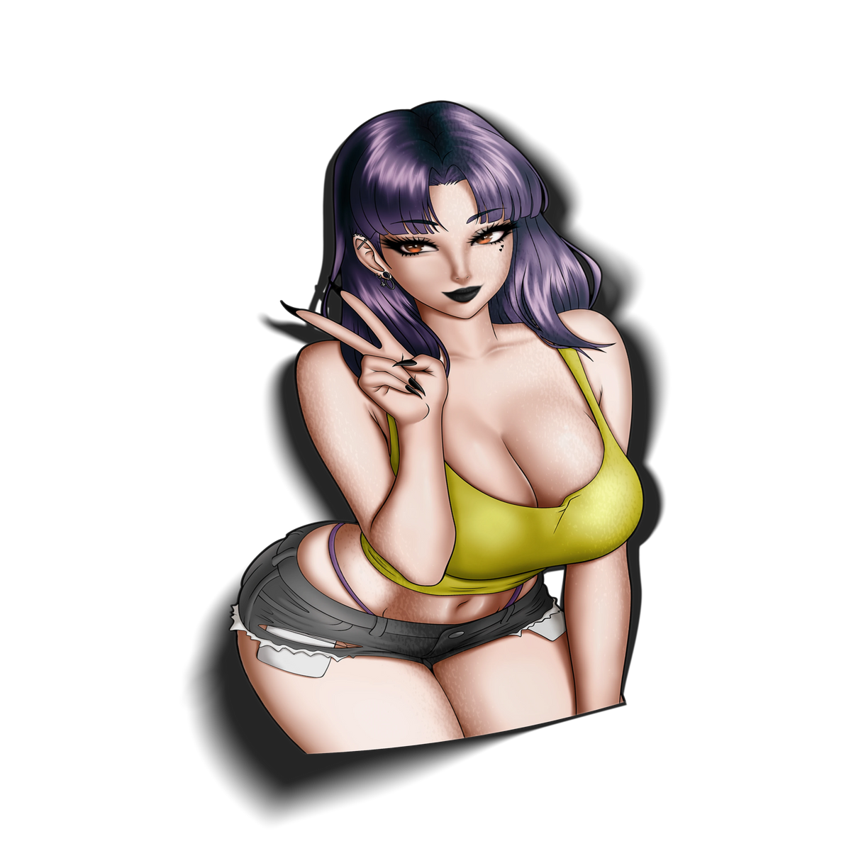 Goth Misato Katsuragi kiss-cut vinyl sticker featuring purple hair, black lipstick, and a peace sign