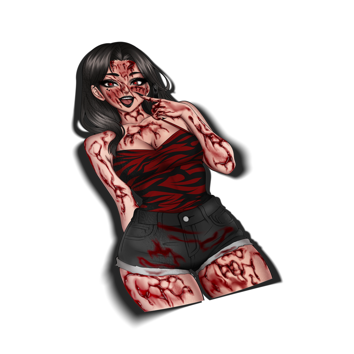 Nikki Freeman Obsession movie vinyl sticker, bloody version, with red eyes, a wide grin, and blood-streaked wounds