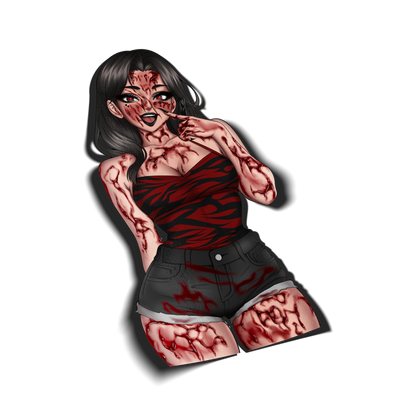 Nikki Freeman Obsession movie vinyl sticker, bloody version, with red eyes, a wide grin, and blood-streaked wounds