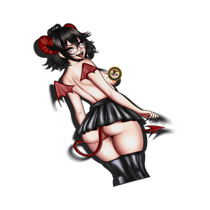 Succubus Noushi kiss-cut vinyl sticker with red devil horns, wings, tail, and a black mini skirt