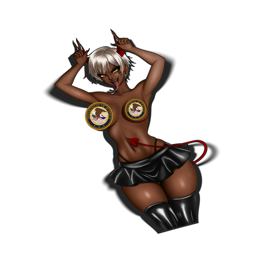 Succubus Chihime kiss-cut vinyl sticker with white hair, yellow eyes, red devil horns, and a black mini skirt