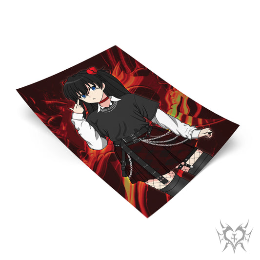 Goth Asuka Langley art print with fiery red and black background, goth outfit with plaid skirt and chains, Neon Genesis Evangelion fan art.
