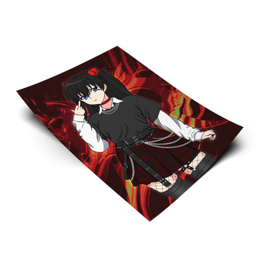 Goth Asuka Langley art print from Neon Genesis Evangelion, flat lay render with fiery red background, goth alt outfit with black tee, red plaid mini skirt and chains, Always Sick original design.