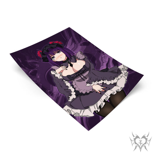 Shizuku-tan art print with deep purple background, Marin Kitagawa in gothic lolita maid cosplay, My Dress-Up Darling anime fan art.