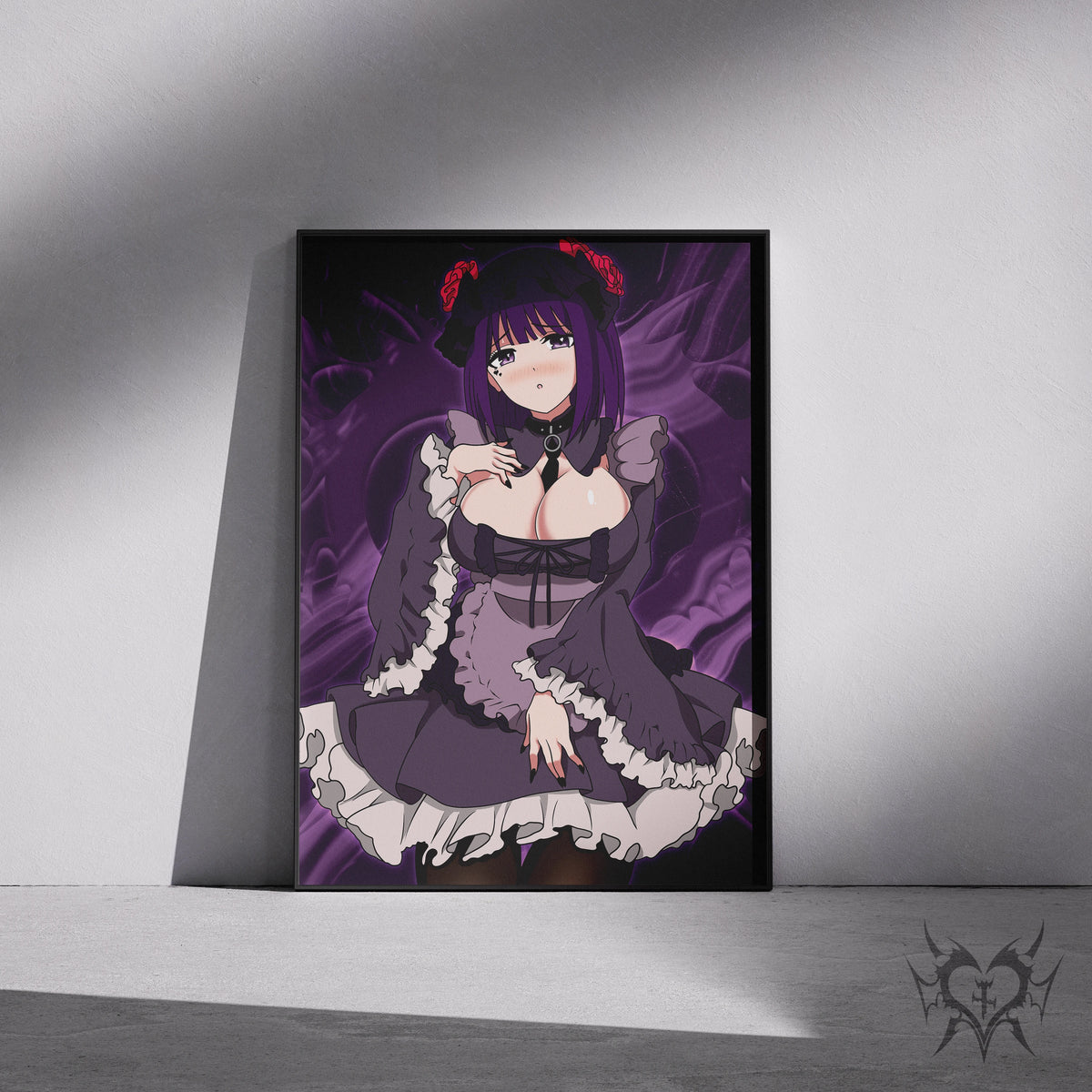 Shizuku-tan My Dress-Up Darling art print displayed in a black frame against a grey wall, digital mockup of Always Sick original anime artwork.