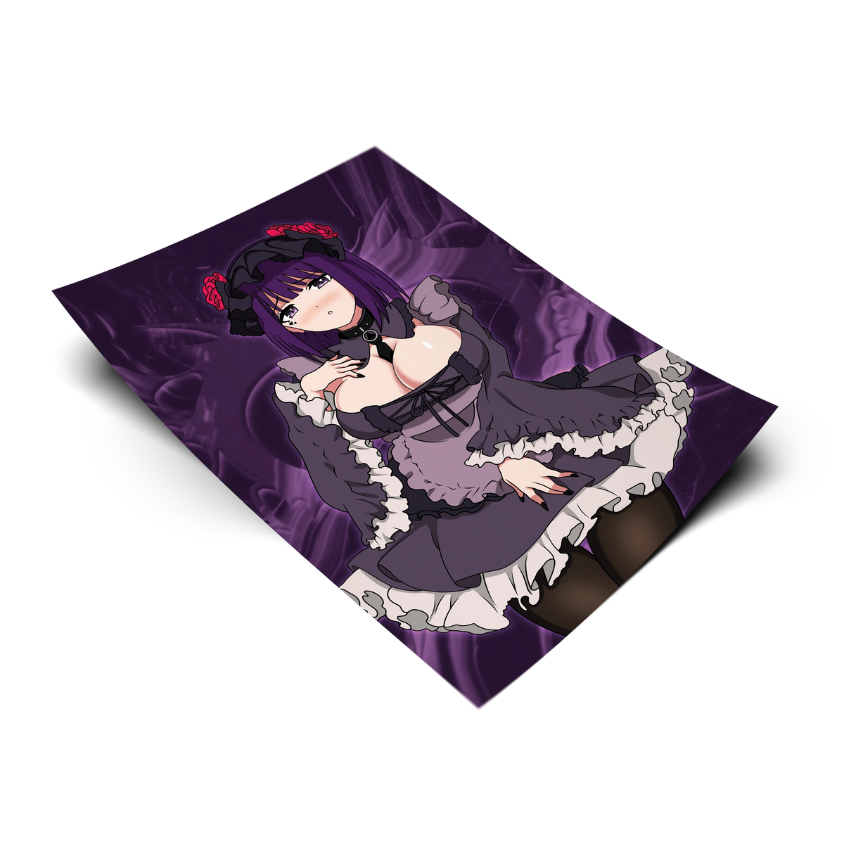 Shizuku-tan art print from My Dress-Up Darling, flat lay product render with purple smoke background, gothic lolita maid outfit, Always Sick original design.