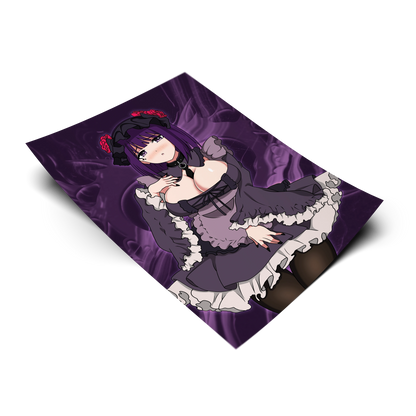Shizuku-tan art print from My Dress-Up Darling, flat lay product render with purple smoke background, gothic lolita maid outfit, Always Sick original design.