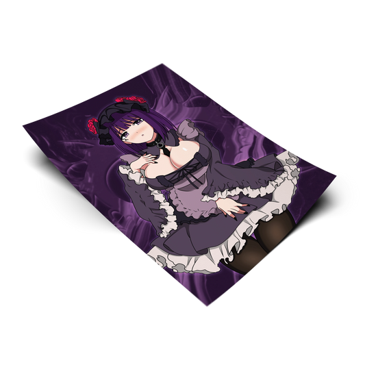 Shizuku-tan art print from My Dress-Up Darling, flat lay product render with purple smoke background, gothic lolita maid outfit, Always Sick original design.