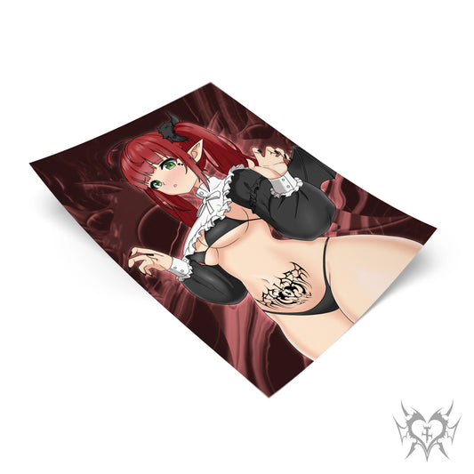 Succubus Marin Kitagawa art print with crimson red background, My Dress-Up Darling anime fan art featuring succubus cosplay, Always Sick original design.