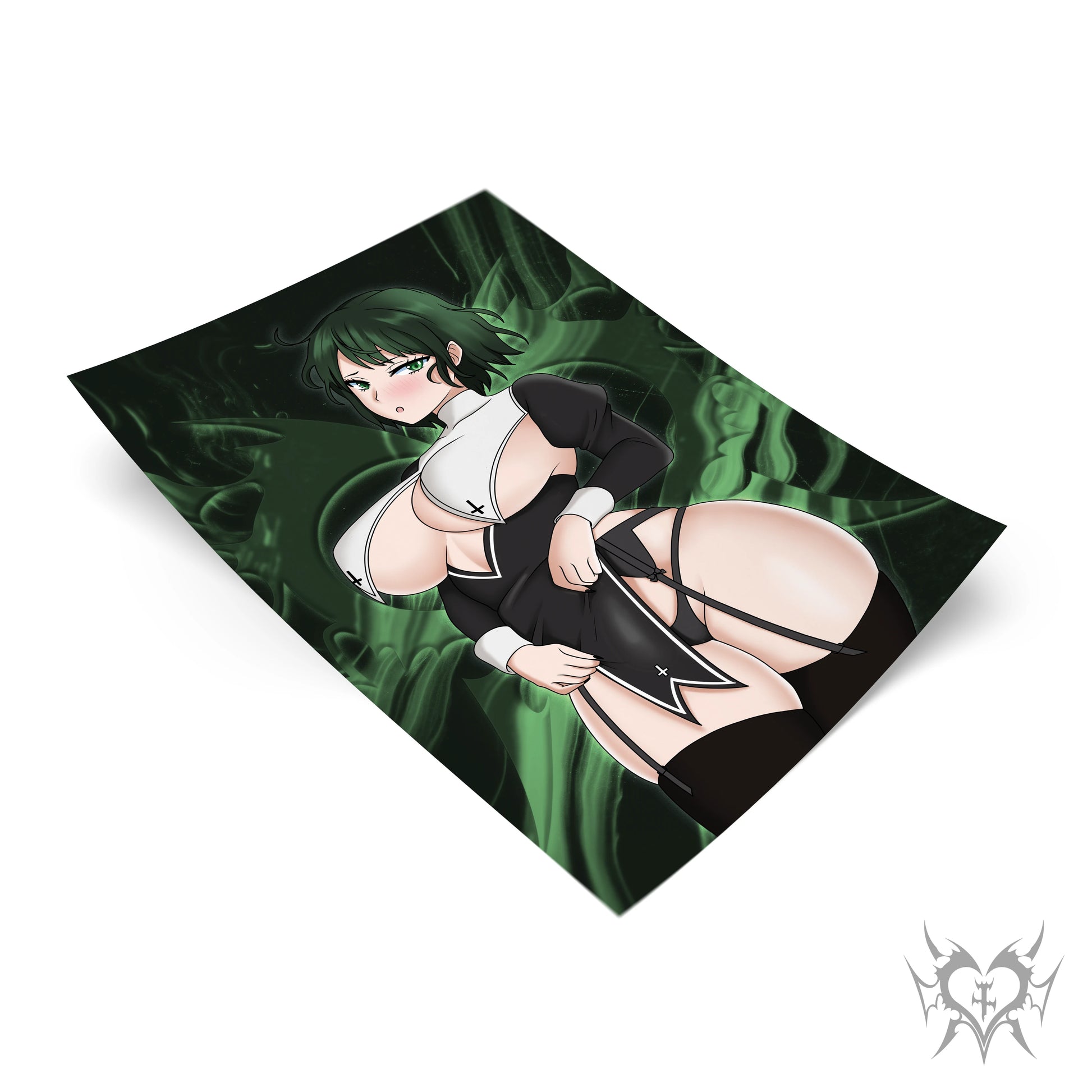 Nun Fubuki art print with deep green smoke background, One-Punch Man anime fan art featuring gothic nun cosplay, Always Sick original design.