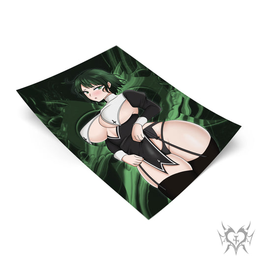 Nun Fubuki art print with deep green smoke background, One-Punch Man anime fan art featuring gothic nun cosplay, Always Sick original design.