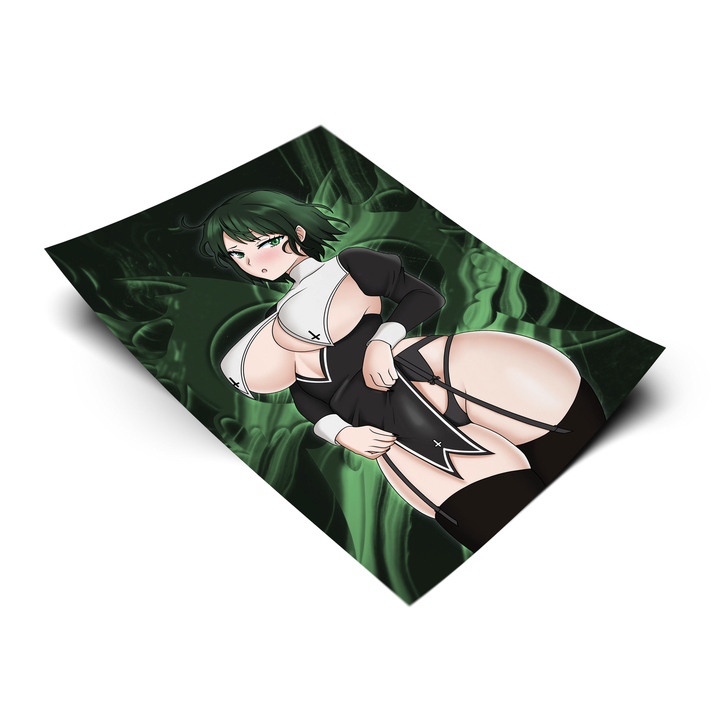 Nun Fubuki art print from One-Punch Man, flat lay render with dark green smoke background, nun cosplay with cross symbols and garter straps, Always Sick original design.