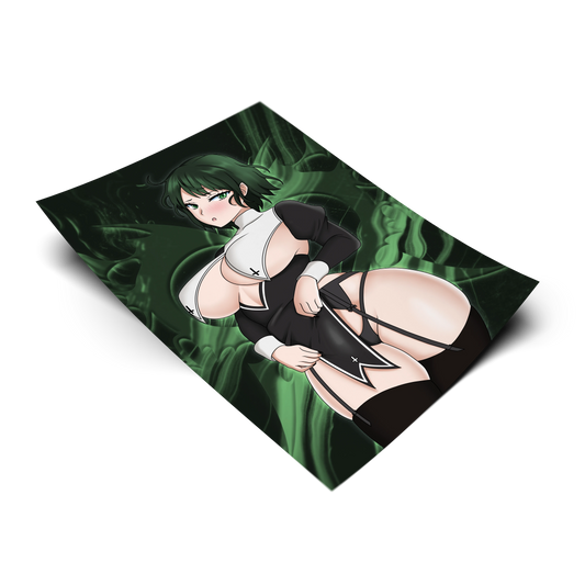 Nun Fubuki art print from One-Punch Man, flat lay render with dark green smoke background, nun cosplay with cross symbols and garter straps, Always Sick original design.