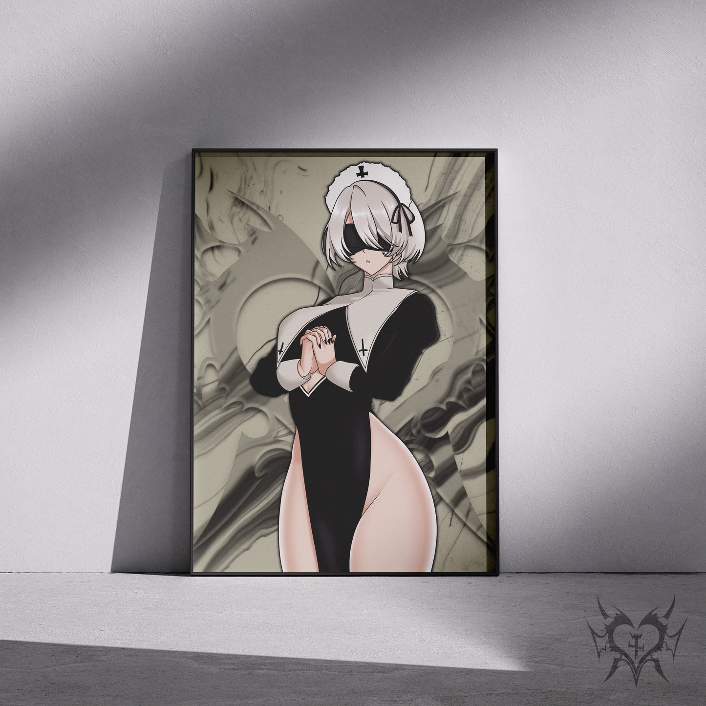 Nun 2B NieR: Automata art print displayed in a black frame against a grey wall, digital mockup of Always Sick original anime artwork.