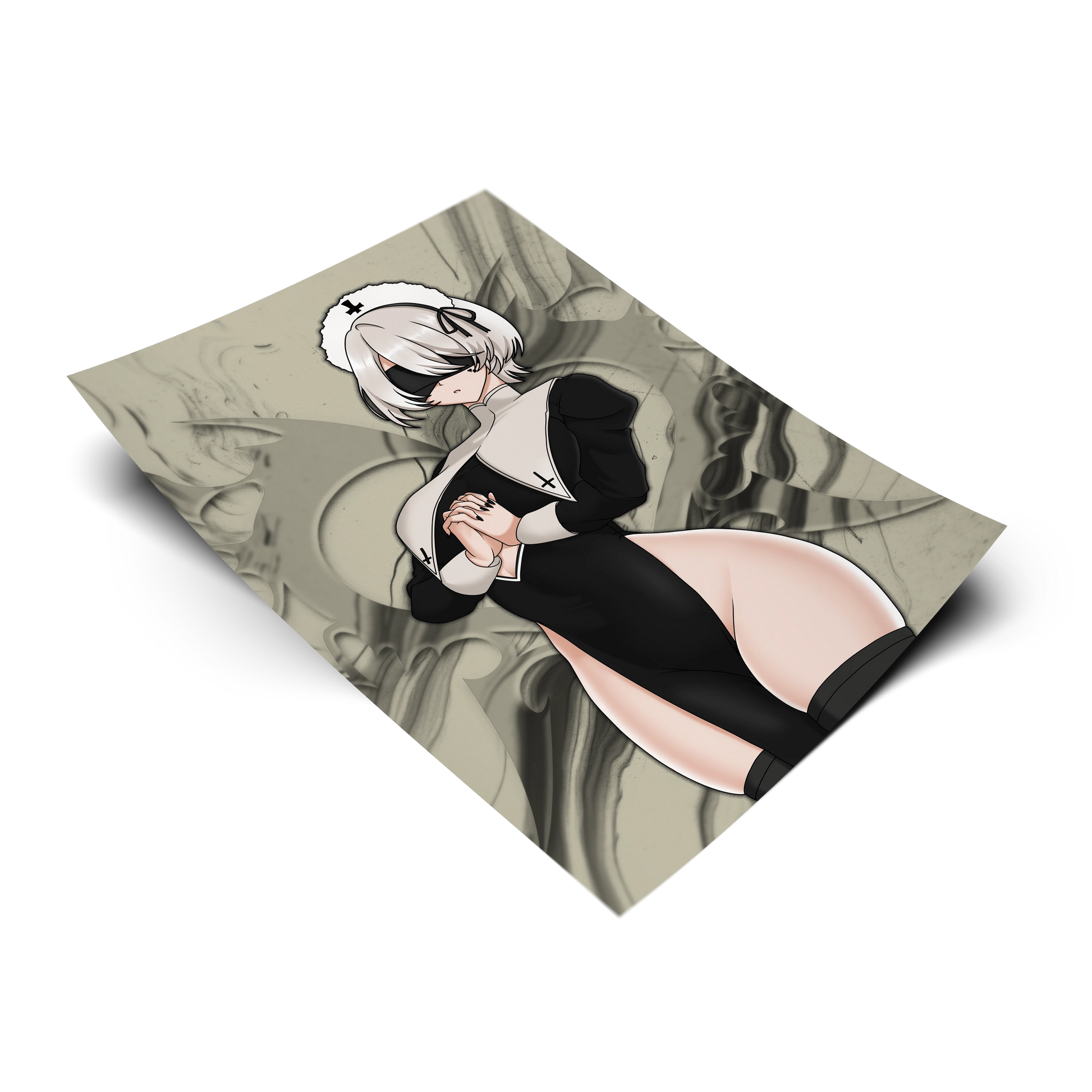 Nun 2B art print from NieR: Automata, flat lay render with taupe grey smoke background, nun outfit with white cap, blindfold and cross details, Always Sick original design.