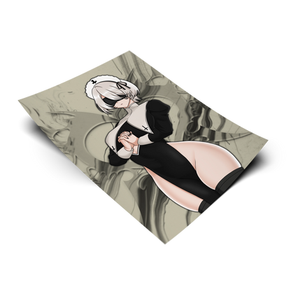 Nun 2B art print from NieR: Automata, flat lay render with taupe grey smoke background, nun outfit with white cap, blindfold and cross details, Always Sick original design.
