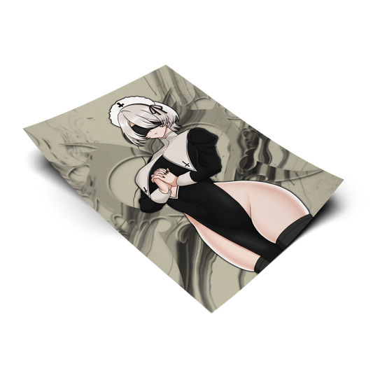 Nun 2B art print from NieR: Automata, flat lay render with taupe grey smoke background, nun outfit with white cap, blindfold and cross details, Always Sick original design.