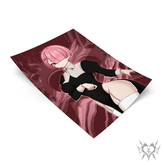 Nun Ram art print with deep crimson smoke background, Re:Zero anime fan art featuring Ram in gothic nun cosplay, Always Sick original design.
