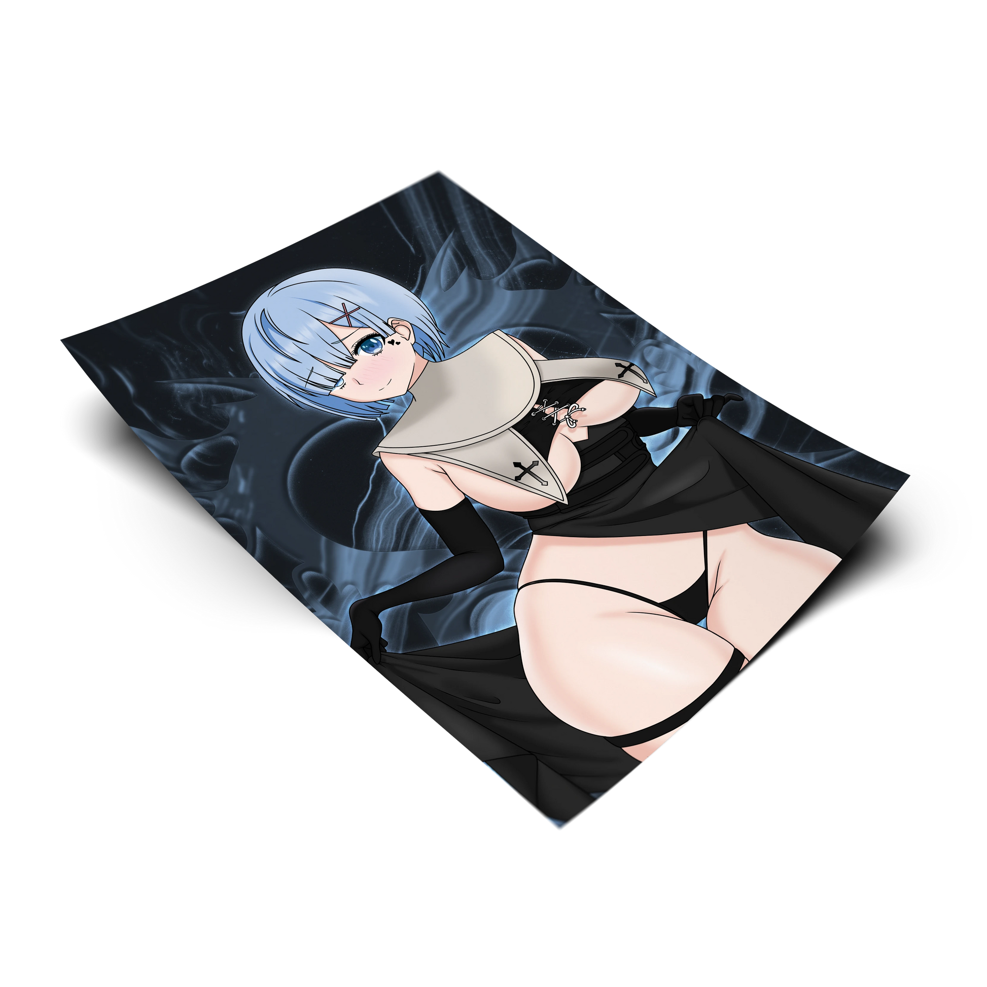 Nun Rem art print from Re:Zero, flat lay render with dark navy blue smoke background, gothic nun cosplay with cross details and black gloves, Always Sick original design.