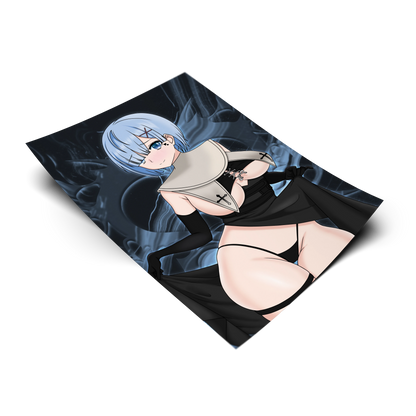 Nun Rem art print from Re:Zero, flat lay render with dark navy blue smoke background, gothic nun cosplay with cross details and black gloves, Always Sick original design.