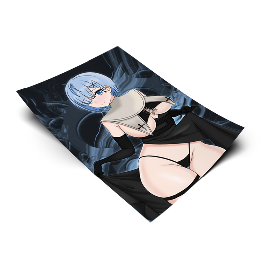 Nun Rem art print from Re:Zero, flat lay render with dark navy blue smoke background, gothic nun cosplay with cross details and black gloves, Always Sick original design.
