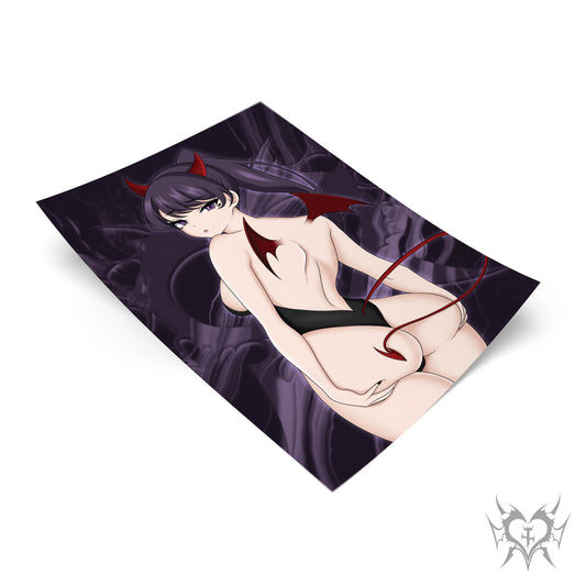 Succubus Shouko Komi art print with deep purple smoke background, Komi Can't Communicate anime fan art featuring Komi in succubus design, Always Sick original design.