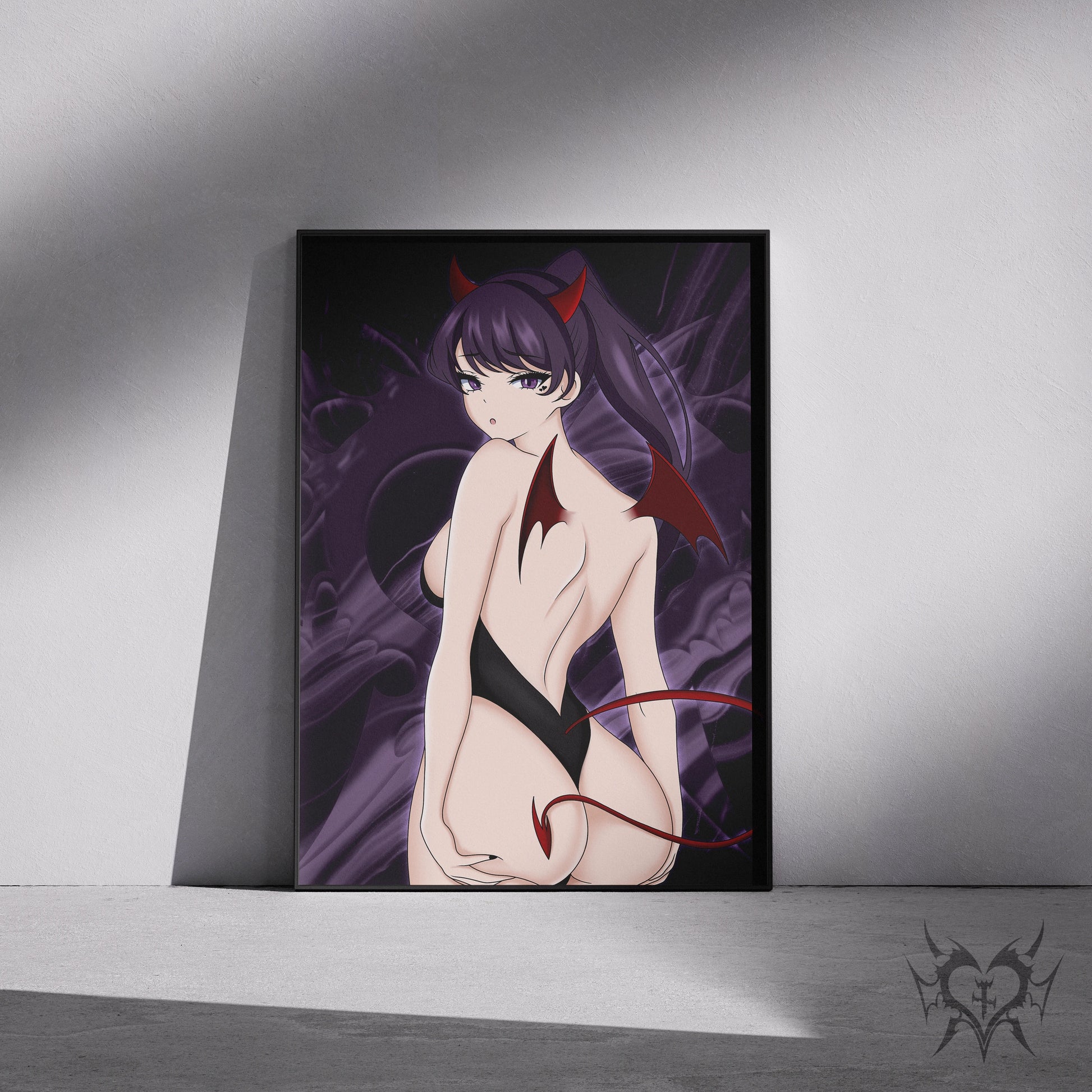 Succubus Shouko Komi art print displayed in a black frame against a grey wall, digital mockup of Always Sick original Komi Can't Communicate anime artwork.