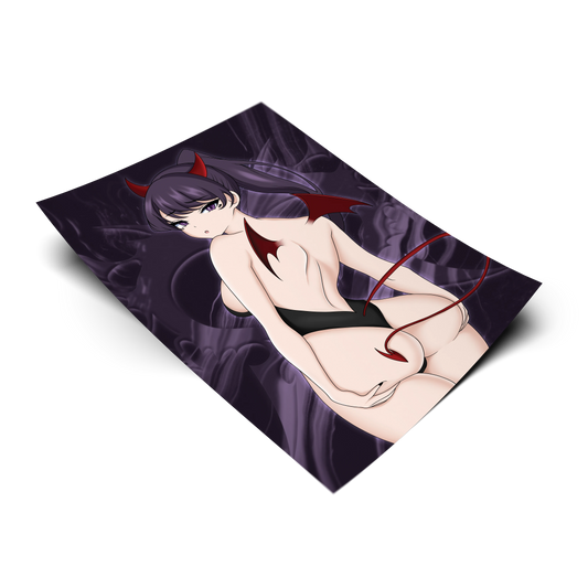 Succubus Shouko Komi art print from Komi Can't Communicate, flat lay render with deep purple smoke background, succubus design with red demon horns and devil tail, Always Sick original design.