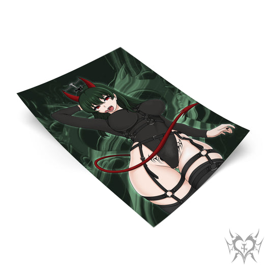 Succubus Yor Forger art print with dark green smoke background, Spy x Family anime fan art featuring Yor in succubus design with leather harness, Always Sick original design.