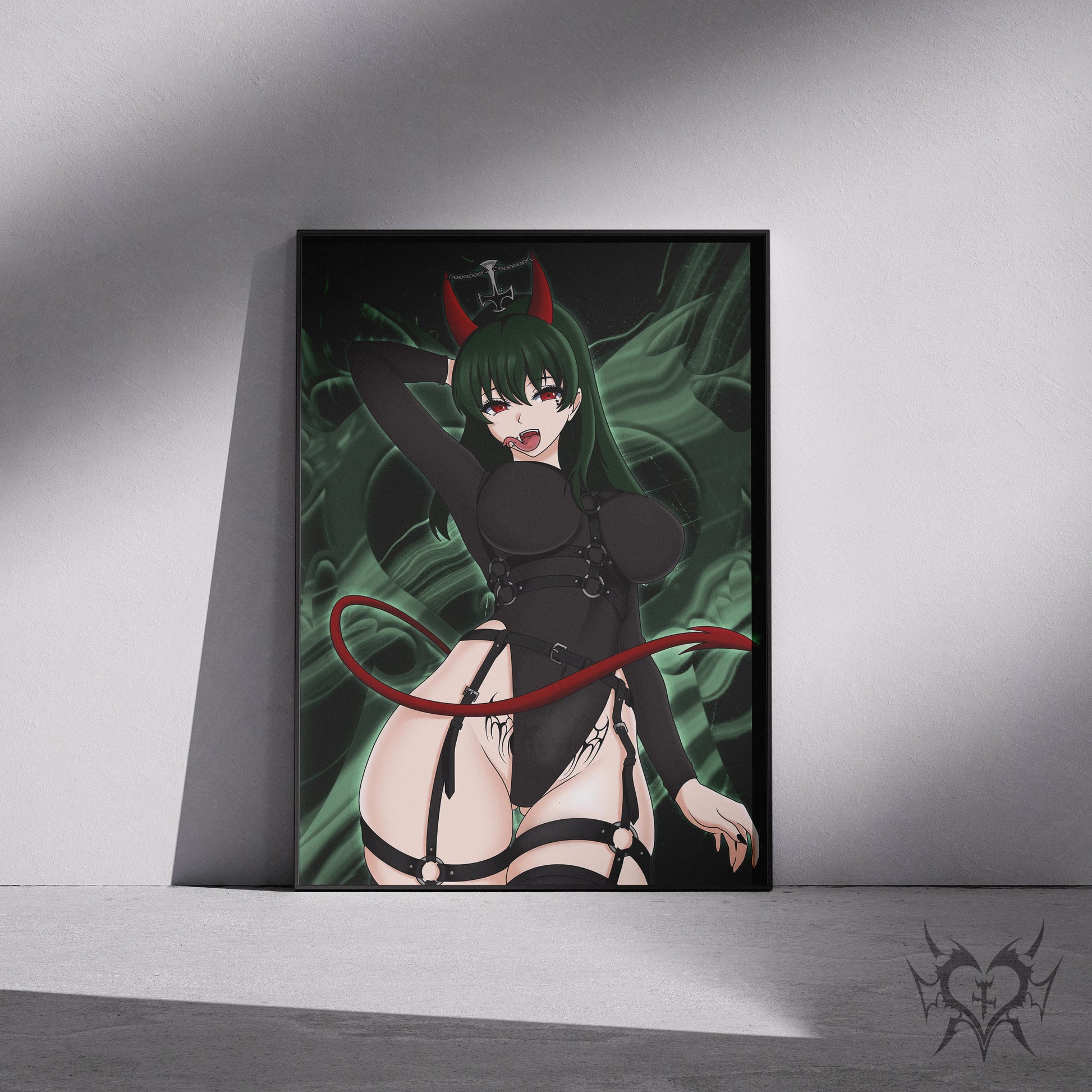 Succubus Yor Forger Spy x Family art print displayed in a black frame against a grey wall, digital mockup of Always Sick original anime artwork.