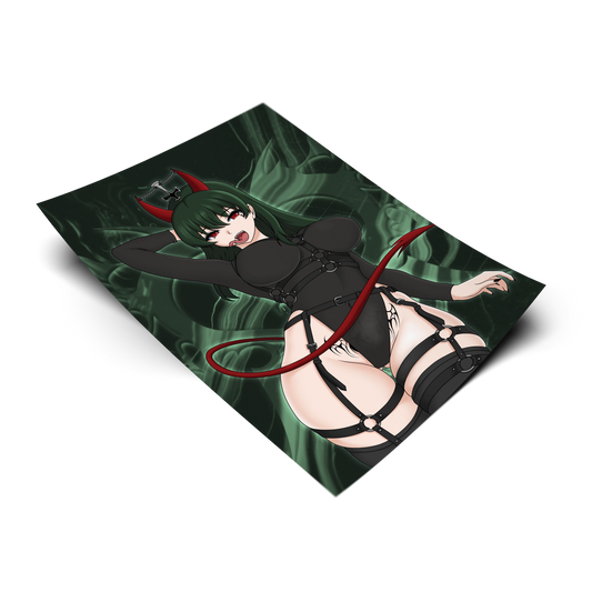 Succubus Yor Forger art print from Spy x Family, flat lay render with dark green smoke background, succubus design with red demon horns and leather harness, Always Sick original design.