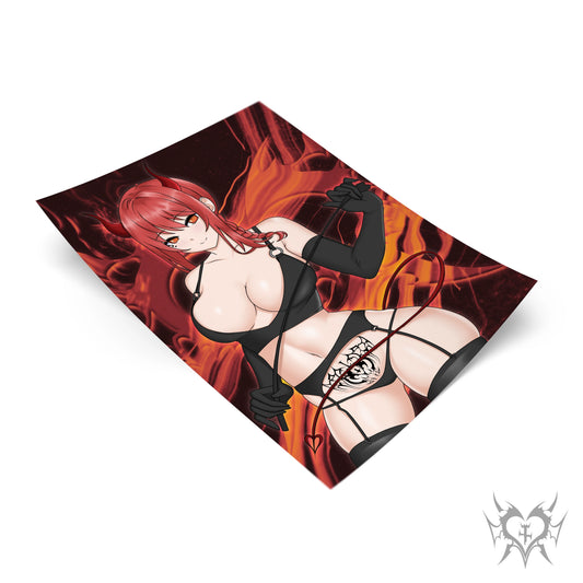 Succubus Makima art print with fiery orange-red flame background, Chainsaw Man anime fan art featuring Makima in succubus design, Always Sick original design.
