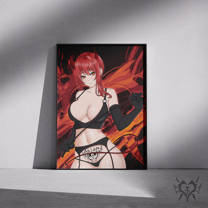 Succubus Makima Chainsaw Man art print displayed in a black frame against a grey wall, digital mockup of Always Sick original anime artwork.