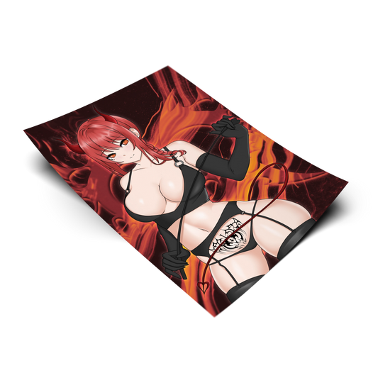 Succubus Makima art print from Chainsaw Man, flat lay render with fiery orange-red flame background, succubus design with whip and demonic tattoo, Always Sick original design.