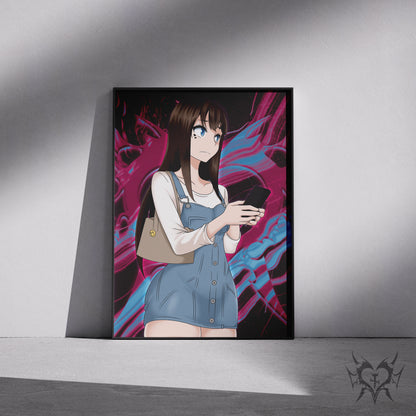 Casual Saki Yoshida Emergence art print displayed in a black frame against a grey wall, digital mockup of Always Sick original anime artwork.