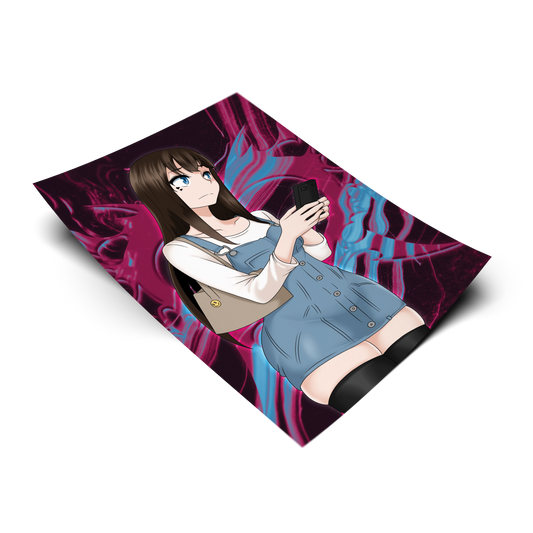Casual Saki Yoshida art print from Emergence, flat lay render on transparent background with purple and blue swirl artwork, denim pinafore holding a phone, Always Sick original design.