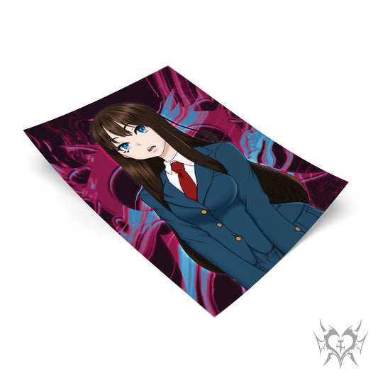 School Uniform Saki Yoshida art print with dark magenta and blue swirl background, blue school blazer with red necktie, Emergence anime fan art, Always Sick original design.