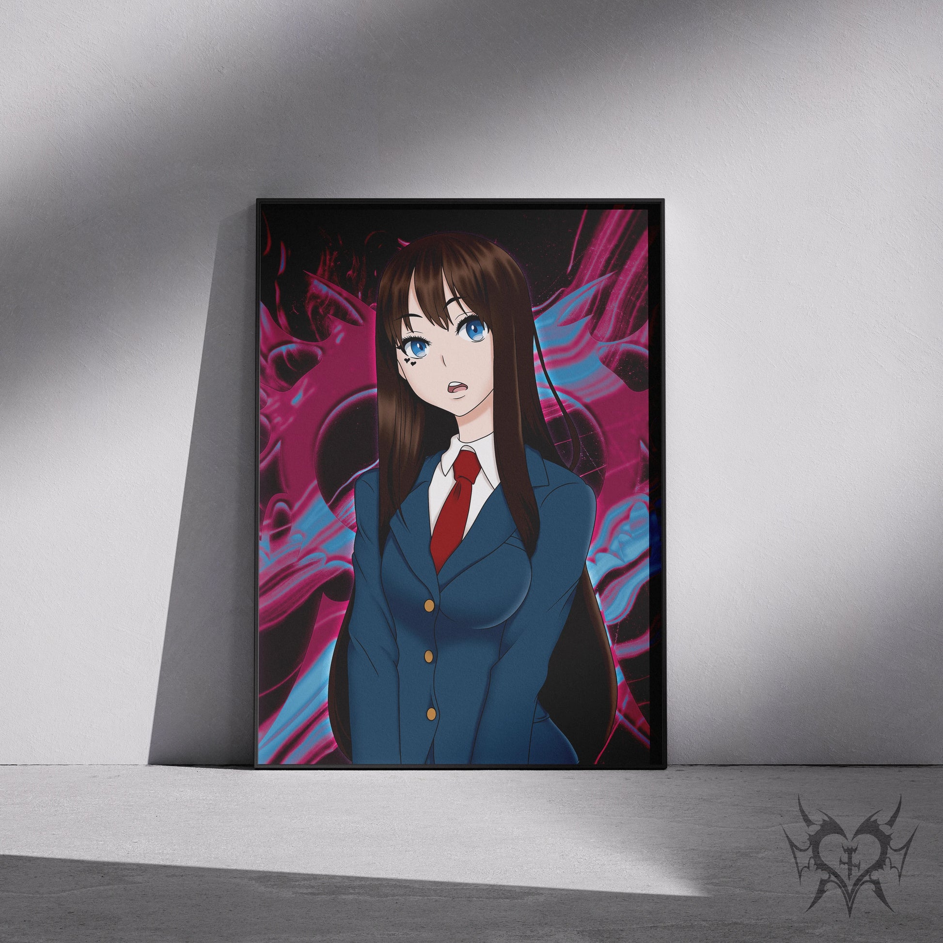 School Uniform Saki Yoshida Emergence art print displayed in a black frame against a grey wall, digital mockup of Always Sick original anime artwork.