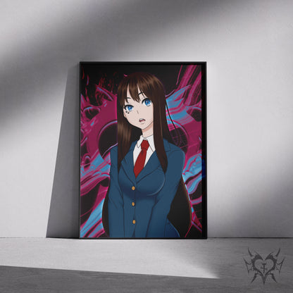 School Uniform Saki Yoshida Emergence art print displayed in a black frame against a grey wall, digital mockup of Always Sick original anime artwork.