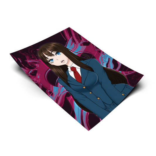School Uniform Saki Yoshida art print from Emergence, flat lay render on transparent background with magenta and blue swirl artwork, blue school uniform with red tie, Always Sick original design.