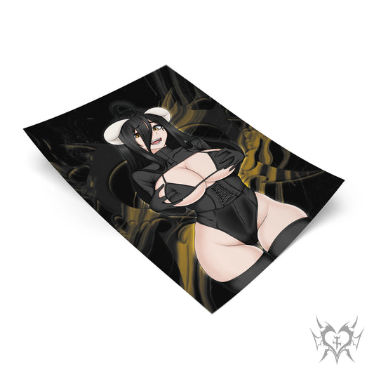 Goth Albedo Classic art print with black and gold smoke background, corset bodysuit with sheep horns and ears, Overlord anime fan art, Always Sick original design.