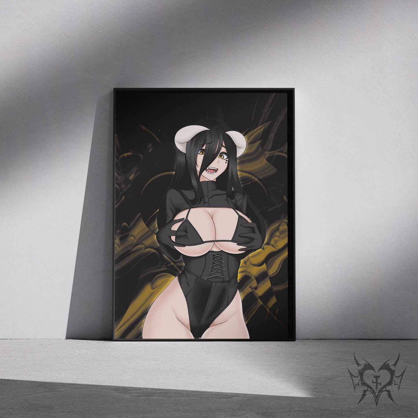 Goth Albedo Classic Overlord art print displayed in a black frame against a grey wall, digital mockup of Always Sick original anime artwork.
