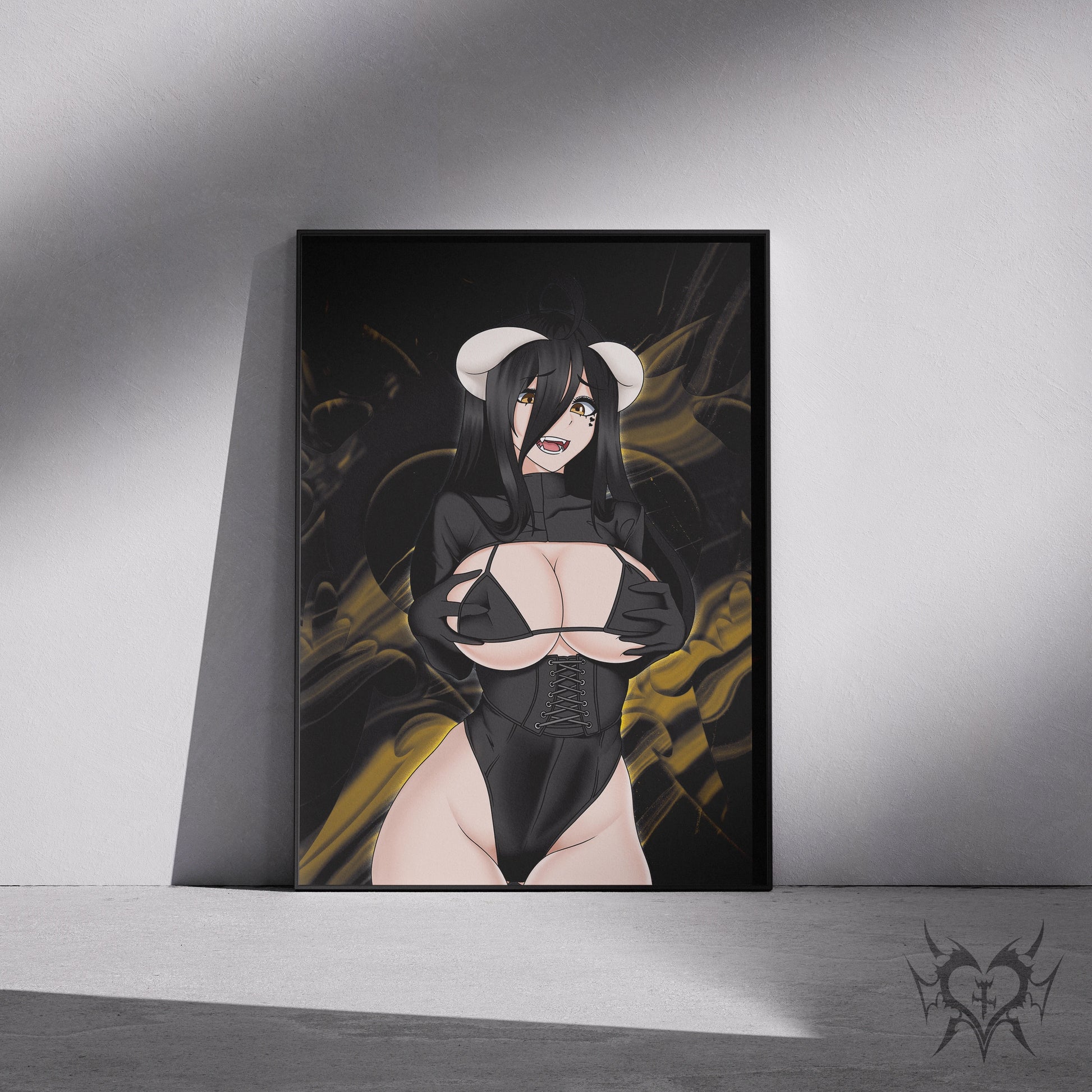 Goth Albedo Classic Overlord art print displayed in a black frame against a grey wall, digital mockup of Always Sick original anime artwork.