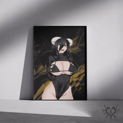 Goth Albedo Classic Overlord art print displayed in a black frame against a grey wall, digital mockup of Always Sick original anime artwork.