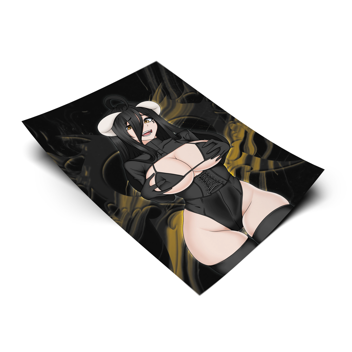 Goth Albedo Classic art print from Overlord, flat lay render on transparent background with black and gold smoke artwork, goth lingerie with corset and sheep horns, Always Sick original design.