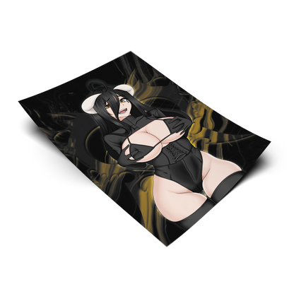 Goth Albedo Classic art print from Overlord, flat lay render on transparent background with black and gold smoke artwork, goth lingerie with corset and sheep horns, Always Sick original design.