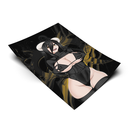 Goth Albedo Classic art print from Overlord, flat lay render on transparent background with black and gold smoke artwork, goth lingerie with corset and sheep horns, Always Sick original design.