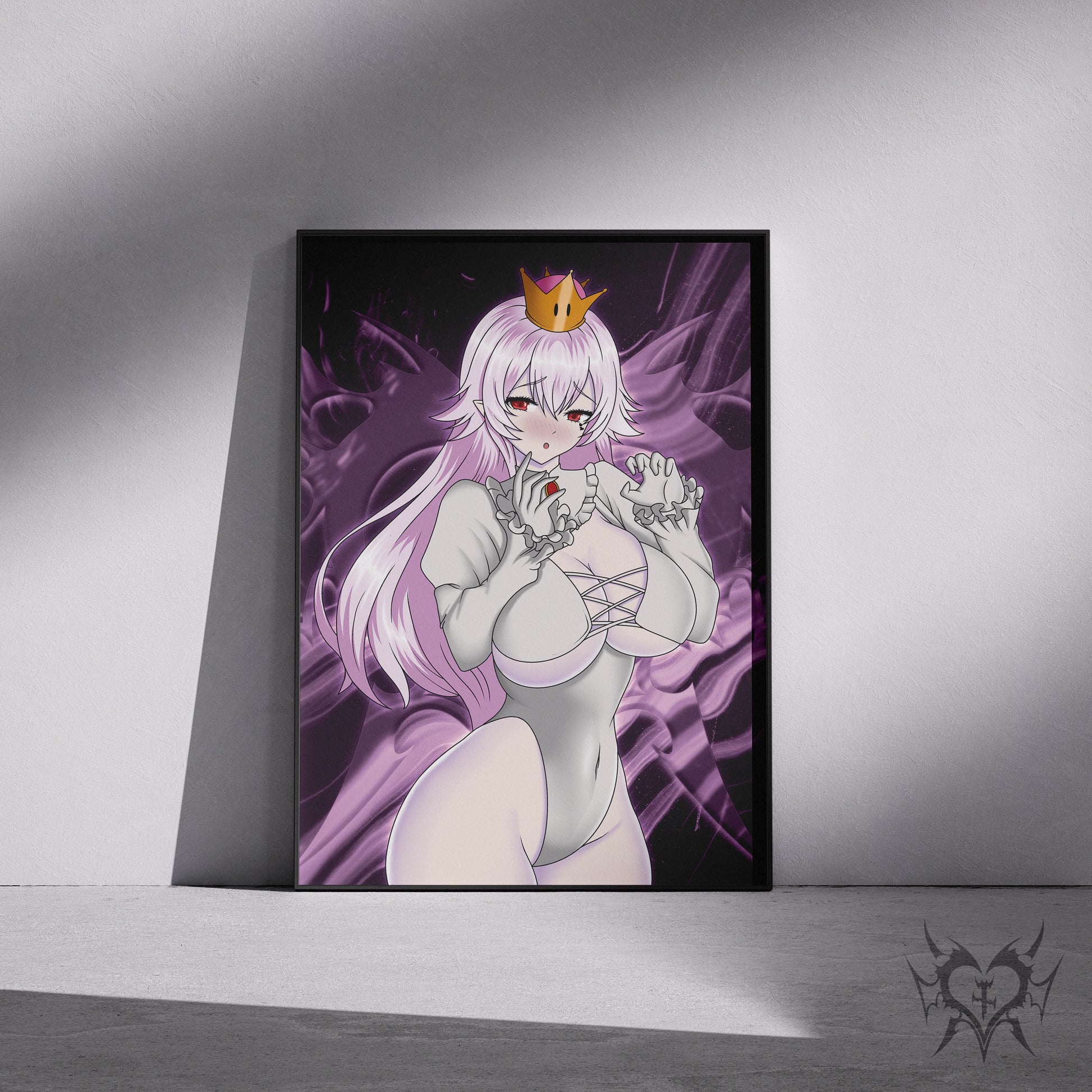 Boosette Super Mario fan art print displayed in a black frame against a grey wall, digital mockup of Always Sick original anime artwork.