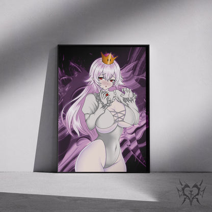 Boosette Super Mario fan art print displayed in a black frame against a grey wall, digital mockup of Always Sick original anime artwork.